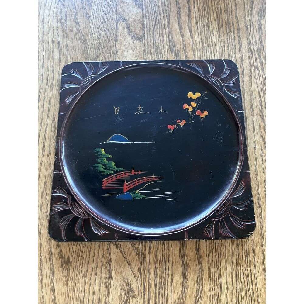 Vintage Hand Painted Black Lacquer Wooden Serving Tray 9.25 x 9 Bridge Scene